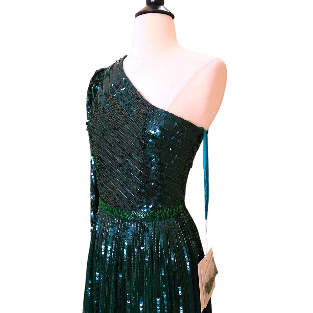 Mac Duggal 5508 Emerald Green Sequin One Shoulder Prom Evening Gown 4 Dress - Picture 4 of 13